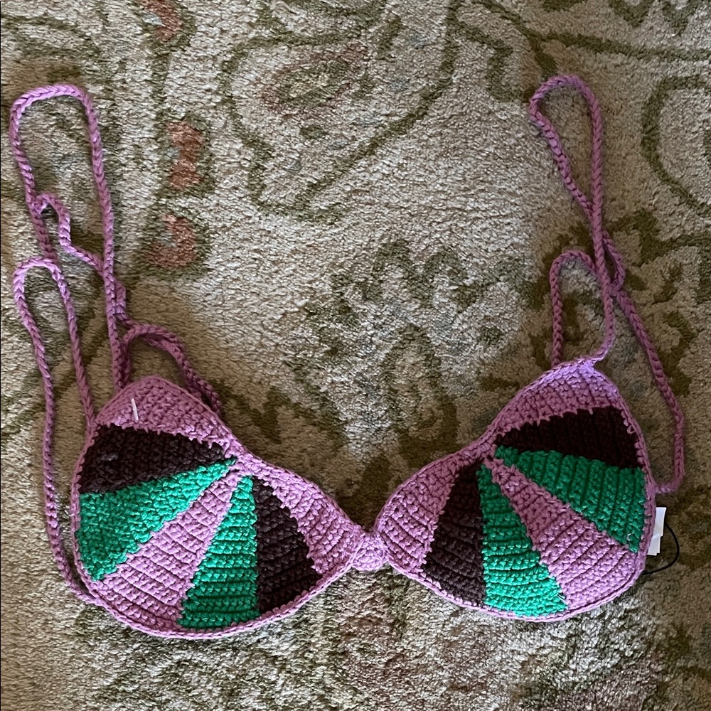 Zara Crochet Bikini Top in Pink, Green, and Brown- nwt